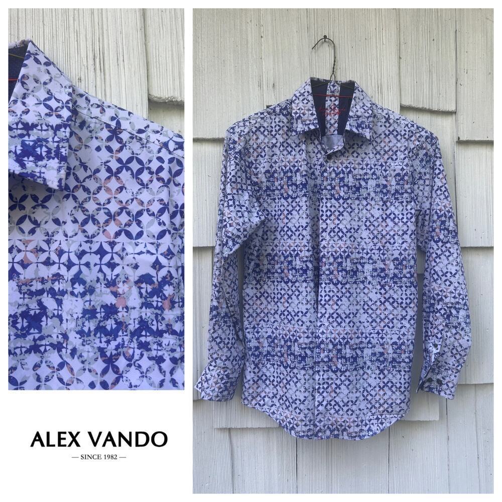 Alex Vando‎ Mens Blue Button-Down Shirt Top Long Sleeves Collared Size S Small